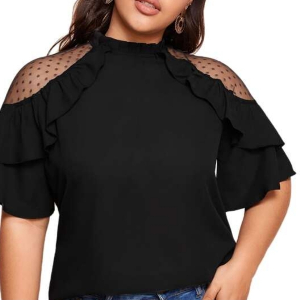 Dobby Mesh Dot Shoulder Ruffle Frill Trim Top Size 14